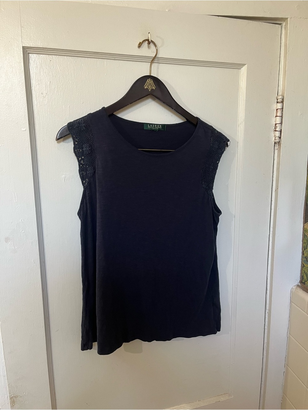 Lauren Ralph Lauren Navy Blue Lace Cap Sleeve Top Petite M EUC